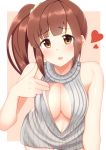  1girl blush breasts brown_eyes brown_hair cleavage_cutout h3po4_chiba heart idolmaster idolmaster_cinderella_girls igarashi_kyouko long_hair medium_breasts meme_attire open-chest_sweater open_mouth ribbed_sweater side_ponytail smile solo sweater turtleneck 