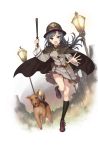  1girl belt_pouch black_hair black_legwear brown_cape brown_footwear brown_hat brown_skirt club dog full_body hat highres house kneehighs lamppost long_hair night official_art open_mouth outdoors pocket_watch princess_principal princess_principal_game_of_mission shoes skirt sophie_mackenzie standing standing_on_one_leg violet_eyes watch weapon 