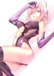  absurdres ahoge black_legwear breasts cleavage cutout_cleavage elbow_gloves fate/grand_order fate_(series) gloves hair_over_one_eye highres leotard lying medium_breasts navel on_side parted_lips purple_gloves purple_leotard shielder_(fate/grand_order) short_hair silver_hair thigh-highs violet_eyes yanami 