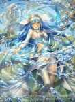  1girl aqua_(fire_emblem_if) barefoot blue_hair cuboon dress elbow_gloves fingerless_gloves fire_emblem fire_emblem_cipher fire_emblem_if gloves hair_between_eyes jewelry long_hair looking_at_viewer official_art open_mouth smile solo veil very_long_hair yellow_eyes 