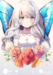  1girl bell blush butterfly_wings closed_mouth collarbone commentary_request dress flower flower_request grey_hair hair_bell hair_ornament highres kouyafu long_hair looking_at_viewer open_hands original red_rose rose smile solo white_dress wings 