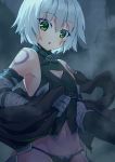  1girl absurdres arm_belt bandage bandaged_arm bangs bare_shoulders belt_buckle black_belt black_cloak black_gloves black_panties black_shirt buckle building chestnut_mouth cloak commentary_request eyebrows_visible_through_hair facial_scar fate/apocrypha fate_(series) fog gloves green_eyes grey_hair groin hair_between_eyes halter_top halterneck head_tilt hidari_yuuko highres holding jack_the_ripper_(fate/apocrypha) looking_at_viewer navel night night_sky outdoors panties scar scar_across_eye scar_on_cheek shirt short_hair shoulder_tattoo silhouette single_glove sky sleeveless sleeveless_shirt solo standing stomach tattoo torn_cloak turtleneck underwear 