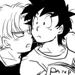  2boys black_eyes black_hair book dragon_ball dragonball_z expressionless eyebrows_visible_through_hair looking_at_another looking_away male_focus miiko_(drops7) monochrome multiple_boys open_mouth short_hair simple_background son_goten trunks_(dragon_ball) white_background 