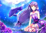  1girl absurdres bangs bare_shoulders blue_eyes blush breasts dress fish flower hair_ornament highres idolmaster idolmaster_million_live! idolmaster_million_live!_theater_days light long_hair looking_at_viewer medium_breasts purple_hair ro_risu shiraishi_tsumugi sitting smile solo underwater 