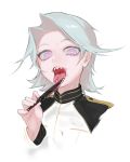  1girl blood cropped_torso forked_tongue grey_hair holding holding_knife knife licking long_sleeves looking_at_viewer military military_jacket military_uniform open_mouth original pink_eyes sharp_teeth short_hair solo teeth tongue tongue_out uniform wntame 