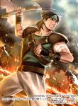  1boy axe bandage belt brown_eyes brown_hair clouds cloudy_sky company_name fire fire_emblem fire_emblem:_thracia_776 fire_emblem_cipher headband long_hair male_focus official_art orsin_(fire_emblem) sky solo teeth tree upper_body weapon 