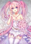  1girl blue_eyes bouquet breasts cleavage collarbone cowboy_shot cutout_cleavage dress earrings eyebrows_visible_through_hair flower garter_straps hair_between_eyes hair_flower hair_ornament hatsune_miku holding holding_bouquet holding_hair itsuki_(yishu) jewelry long_hair looking_at_viewer medium_breasts necklace open_mouth pink_flower pink_hair pleated_dress shiny shiny_clothes shiny_skin short_dress sleeveless sleeveless_dress solo standing strapless strapless_dress thigh-highs twintails very_long_hair vocaloid white_dress white_legwear 