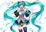  1girl 39 absurdres anniversary aqua_eyes aqua_hair character_name cowboy_shot detached_sleeves floating_hair hatsune_miku heart highres kuro_(ning2763) long_hair necktie one_eye_closed open_mouth skirt solo thigh-highs twintails very_long_hair vocaloid white_background 