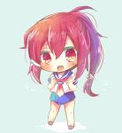  10s 1girl blue_sailor_collar blue_swimsuit chibi full_body green_background hair_ribbon hizuki_yayoi i-168_(kantai_collection) kantai_collection long_hair neckerchief ponytail red_eyes red_neckerchief redhead ribbon sailor_collar sailor_shirt school_swimsuit school_uniform serafuku shirt simple_background solo standing swimsuit swimsuit_under_clothes white_ribbon 