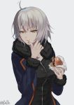  1girl :t ahoge black_shirt eating fate/grand_order fate_(series) food grey_background hair_between_eyes hamburger holding holding_food jeanne_alter ruler_(fate/apocrypha) shirt short_hair signature silver_hair simple_background solo upper_body yellow_eyes you06 