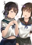  2girls arms_behind_back black_hair black_skirt blue_ribbon brown_hair closed_eyes cosplay folded_ponytail fubuki_(kantai_collection) fubuki_(kantai_collection)_(cosplay) hair_ribbon headphones heart juurouta kantai_collection long_hair looking_at_another low_ponytail midriff multiple_girls navel open_mouth pleated_skirt remodel_(kantai_collection) ribbon scarf school_uniform serafuku short_sleeves sidelocks simple_background skirt taiyou_(kantai_collection) twitter_username white_background 