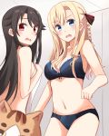  2girls animal bangs bare_arms bare_shoulders black_hair black_ribbon blonde_hair blue_bra blue_eyes blue_panties blush bow bow_bra bow_panties bra braid breasts cat cleavage commentary_request covering eyebrows_visible_through_hair hair_between_eyes hair_ribbon high_school_fleet highres indoors isoroku_(haifuri) kapatarou long_hair looking_at_viewer looking_to_the_side medium_breasts multiple_girls munetani_mashiro navel nude_cover open_mouth panties photobomb red_eyes ribbon sidelocks small_breasts standing towel underwear underwear_only wavy_mouth white_towel wilhelmina_braunschweig_ingenohl_friedeburg 