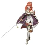  1girl arm_guards armor bangs bare_shoulders black_legwear breastplate cape celica_(fire_emblem) detached_collar earrings fingerless_gloves fire_emblem fire_emblem_echoes:_mou_hitori_no_eiyuuou fire_emblem_musou full_body gloves hair_ornament highres holding holding_sword holding_weapon jewelry official_art red_eyes redhead skirt solo sword thigh-highs tiara transparent_background weapon zettai_ryouiki 