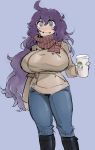 1girl borvar breasts hex_maniac_(pokemon) highres large_breasts long_hair pokemon pokemon_(game) pokemon_xy purple_hair scarf solo starbucks very_long_hair 