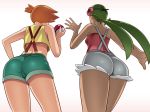  2girls ass breasts crop_top dark_skin flower from_behind from_below green_hair hair_flower hair_ornament holding holding_poke_ball kasumi_(pokemon) legs_together long_hair mallow_(pokemon) medium_breasts multiple_girls orange_hair poke_ball pokemon pokemon_(anime) pokemon_(game) pokemon_sm pokemon_sm_(anime) shorts side_ponytail simple_background standing suspenders twintails wanao white_background 