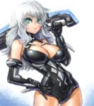  1girl amania_orz angry aqua_eyes bare_shoulders black_heart breasts choujigen_game_neptune cleavage cowboy_shot elbow_gloves gloves large_breasts leotard long_hair looking_at_viewer neptune_(series) noire silver_hair solo sword symbol-shaped_pupils weapon 