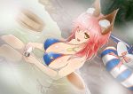  1girl animal_ears bath bikini blue_bikini blush breasts cleavage fate/grand_order fate_(series) fox_ears fox_tail hat innertube large_breasts long_hair looking_at_viewer open_mouth pink_hair robisonjr solo swimsuit tail tamamo_(fate)_(all) tamamo_no_mae_(fate) tamamo_no_mae_(swimsuit_lancer)_(fate) yellow_eyes 