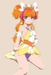  1girl :o adapted_costume amanogawa_kirara bare_shoulders beige_background blush breasts cure_twinkle detached_collar earrings gloves go!_princess_precure highres izuna_masaru jewelry long_hair magical_girl medium_breasts multicolored_hair orange_hair precure purple_hair simple_background solo star star_earrings twintails two-tone_hair violet_eyes white_gloves 