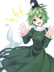  1girl :d akidzuki_haruhi bangs blush dress ghost_tail green_dress green_eyes green_hair hat japanese_clothes long_sleeves looking_at_viewer open_mouth short_hair smile soga_no_tojiko solo tate_eboshi touhou 