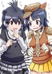  2girls absurdres animal_ears armadillo_ears black_hair blush crested_porcupine_(kemono_friends) giant_armadillo_(kemono_friends) heavy_breathing highres kemono_friends long_hair multiple_girls oekakimannga open_mouth porcupine_ears shirt short_hair shoulder_pads skirt sweater_vest translation_request 