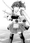  10s 1girl apron boombox comic flight_deck greyscale hakama_skirt halftone highres holding holding_microphone japanese_clothes kaga_(kantai_collection) kantai_collection long_hair machinery microphone monochrome muneate music side_ponytail silent_comic singing tasuki thigh-highs yukiharu yumi_(bow) 