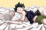  2boys black_hair blush closed_eyes gon_freecss hunter_x_hunter killua_zoldyck male_focus multiple_boys open_mouth shirt shorts sleeping sud_o sweat t-shirt tank_top white_hair 