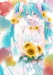  1girl :d ahoge alternate_breast_size alternate_costume aqua_eyes aqua_hair balloon bangs bare_arms birthday blurry blush bokeh bouquet breasts cako_asida choker cleavage daisy depth_of_field dot_nose dress eyebrows_visible_through_hair falling_petals flower flower_necklace hair_between_eyes hair_flower hair_ornament hatsune_miku heart_balloon holding holding_bouquet jewelry large_breasts long_dress long_hair necklace open_mouth petals round_teeth smile solo spaghetti_strap sparkle sunflower tareme tattoo teeth twintails upper_body very_long_hair vocaloid white_background white_choker white_dress 