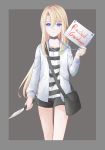  10s 1girl bag black_background black_shorts blonde_hair blue_eyes border character_name choker closed_mouth expressionless featherwings24 holding holding_knife holding_sign jacket knife long_hair long_sleeves looking_at_viewer open_clothes open_jacket outside_border rachel_gardner satsuriku_no_tenshi shirt shorts sign solo striped striped_shirt very_long_hair white_jacket 