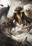  1girl ahoge ainz_ooal_gown albedo ass bed_sheet black_hair black_wings breasts dakimakura_(object) demon_horns feathered_wings feathers hair_between_eyes highres horns indoors long_hair looking_at_viewer lying medium_breasts neko_(314089734) nude on_bed on_stomach parted_lips pillow pillow_hug skeleton smile solo wings yellow_eyes 