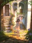  1girl alley arch black_eyes black_hair blue_sash cat city commentary_request day door dress flower hand_in_hair high_heels highres long_hair looking_at_viewer original outdoors pavement pink_dress plant potted_plant road sash scenery sho_(shoichi-kokubun) short_sleeves solo stairs standing street window 