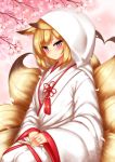  1girl animal_ears blonde_hair blush bride cherry_blossoms commentary_request fan folding_fan fox_ears fox_tail hands_together heart heart_tail highres hood japanese_clothes jewelry kayou_(sennen_sensou_aigis) kimono looking_at_viewer multiple_tails pink_eyes playjoe2005 ring sennen_sensou_aigis short_hair smile solo tail uchikake wedding_ring 