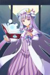  1girl akidzuki_haruhi blue_bow blue_ribbon blush bngs book bow closed_mouth cowboy_shot crescent dress frilled_sleeves frills full_moon hair_bow hair_ribbon hat hat_ribbon long_hair long_sleeves looking_at_viewer mob_cap moon open_book patchouli_knowledge purple_hair red_bow red_ribbon ribbon smile solo striped touhou vertical-striped_dress vertical_stripes very_long_hair violet_eyes 