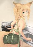  1girl animal_ears apron aqua_eyes ass bangs bare_arms bare_shoulders batta_(kanzume_quality) blonde_hair blunt_bangs blush breasts closed_mouth commentary_request cowboy_shot denim denim_shorts eyebrows_visible_through_hair fox_ears fox_girl green_shorts kitchen leaning_on_object long_hair looking_at_viewer looking_back nib_pen_(medium) no_bra no_shirt ponytail shorts sideboob sink small_breasts smile solo standing traditional_media 
