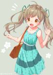  /\/\/\ 1girl :d ahoge bag bangs blonde_hair blurry collarbone depth_of_field dress dx_(dekusu) eyebrows_visible_through_hair floral_print frilled_dress frills grey_background hair_ribbon hakozaki_serika highres idolmaster idolmaster_million_live! long_hair looking_at_viewer open_mouth orange_eyes ribbon shoulder_bag sleeveless sleeveless_dress smile solo twintails twitter_username waving 