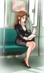  1girl brown_eyes brown_hair business_suit formal full_body ground_vehicle high_heels holding holding_paper long_hair mature office_lady original paper reading sitting solo suit train ur_(wulfa) 
