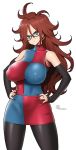  1girl android_21 bare_shoulders black-framed_eyewear blue_eyes breasts brown_hair curly_hair detached_sleeves dragon_ball dragon_ball_fighterz dress earrings glasses hoop_earrings jewelry long_hair looking_at_viewer medium_breasts nail_polish onomeshin redhead solo 