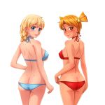  2girls bare_shoulders bikini blonde_hair blue_bikini blue_eyes braid breasts butt_crack cowboy_shot dimples_of_venus dvach-tan erect_nipples everlasting_summer from_behind hair_ornament hairclip highres huyase large_breasts long_hair looking_at_viewer looking_back medium_breasts multiple_girls orange_eyes orange_hair red_bikini short_hair shoulder_blades simple_background single_braid slavya-chan smile swimsuit twintails white_background 