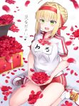  1girl ahoge blonde_hair blush eyebrows_visible_through_hair fate/grand_order fate_(series) green_eyes gym_uniform highres looking_away musical_note open_mouth petals red_buruma red_headband saber_extra shoes short_hair short_sleeves sitting smile solo translated wariza xenonstriker 