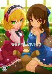  2girls black_legwear blonde_hair blush brown_eyes brown_hair cover cover_page doujin_cover green_eyes hairband half_updo idolmaster idolmaster_cinderella_girls kirin_kakeru long_hair looking_at_viewer multiple_girls petals sakurai_momoka short_hair smile stuffed_animal stuffed_toy tachibana_arisu teddy_bear thigh-highs 