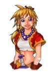  1girl artist_request blonde_hair blue_eyes braid breasts chrono_cross gloves jewelry kid_(chrono_cross) lips long_hair midriff navel necklace ponytail single_braid skirt smile solo source_request vest 