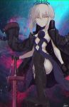  1girl artoria_pendragon_(all) black_legwear blonde_hair breasts cleavage dark_excalibur expressionless fate/grand_order fate_(series) gloves highres jacket_on_shoulders kesoshirou medium_breasts navel_cutout planted_weapon rain saber_alter solo thigh-highs thighs weapon yellow_eyes 