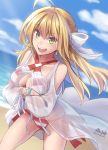  10s 1girl ahoge artist_name bangs bare_shoulders beach bead_bracelet beads bikini bikini_under_clothes blonde_hair blue_sky bracelet braid breasts cleavage cleavage_cutout clouds collarbone crossed_arms dress earrings eyebrows_visible_through_hair fate/extra fate/grand_order fate_(series) french_braid gown green_eyes hair_ribbon halterneck hips jewelry long_hair looking_at_viewer medium_breasts morigami_(morigami_no_yashiro) nero_claudius_(swimsuit_caster)_(fate) ocean open_mouth outdoors puffy_sleeves red_bikini ribbon saber_extra see-through shoulder_cutout side-tie_bikini sky smile solo striped striped_bikini swimsuit thighs white_ribbon wind wind_lift 