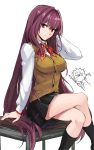  1boy 1girl absurdres blush book breasts chibi_inset commentary_request fate/grand_order fate/stay_night fate_(series) gae_bolg highres lancer large_breasts legs legs_crossed long_hair looking_at_viewer on_table polearm purple_hair red_eyes scathach_(fate/grand_order) school_uniform shimo_(s_kaminaka) sitting smile solo_focus spear table very_long_hair weapon 