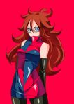  1girl android_21 bare_shoulders black-framed_eyewear blue_eyes breasts brown_hair curly_hair detached_sleeves dragon_ball dragon_ball_fighterz dress earrings glasses hoop_earrings jewelry long_hair looking_at_viewer medium_breasts nail_polish pantyhose redhead smile solo warabimochi 