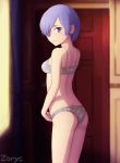  1girl artist_name ass blurry blurry_background bra breasts closed_mouth commentary cowboy_shot depth_of_field from_behind frown hair_over_one_eye highres indoors looking_at_viewer looking_back panties purple_hair re:zero_kara_hajimeru_isekai_seikatsu rem_(re:zero) short_hair small_breasts solo standing underwear underwear_only violet_eyes white_bra white_panties zoryc 