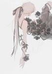  1girl ajimita bare_arms bare_shoulders black_nails branch commentary_request facing_away feet_out_of_frame flower grey_background hair_ribbon lingerie long_hair nail_polish original ribbon rose simple_background sketch solo underwear very_long_hair white_hair 