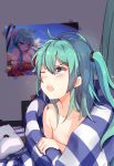 1girl blue_eyes blue_hair breasts cleavage collarbone eyebrows_visible_through_hair hair_between_eyes hair_ornament hatsune_miku highres indoors long_hair nude one_eye_closed open_mouth poster side_ponytail small_breasts solo tears vocaloid zhayin-san 