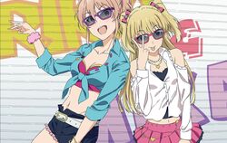  2girls ;d alternate_costume belt blonde_hair earrings graffiti green_eyes hair_ribbon idolmaster idolmaster_cinderella_girls jewelry jougasaki_mika jougasaki_rika long_hair midriff miniskirt multiple_girls nail_polish one_eye_closed open_mouth pink_hair pose ribbon ring scrunchie shirt short_shorts shorts shoulder_cutout siblings sisters skirt smile sunglasses taku1122 tied_shirt v yellow_eyes 