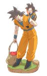 2boys apple backpack bag black_eyes black_hair boots carrying dougi dragon_ball dragonball_z father_and_son food fruit grass happy looking_at_another looking_away looking_back male_focus miiko_(drops7) multiple_boys nyoibo open_mouth piggyback shaded_face short_hair simple_background smile son_gokuu son_goten spiky_hair white_background wristband 
