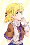  1girl akidzuki_haruhi arm_warmers blonde_hair blush bow braid brown_shirt closed_mouth from_side green_eyes hair_bow japanese_clothes mizuhashi_parsee pointy_ears sash scarf shirt short_hair short_sleeves smile solo touhou upper_body white_scarf 